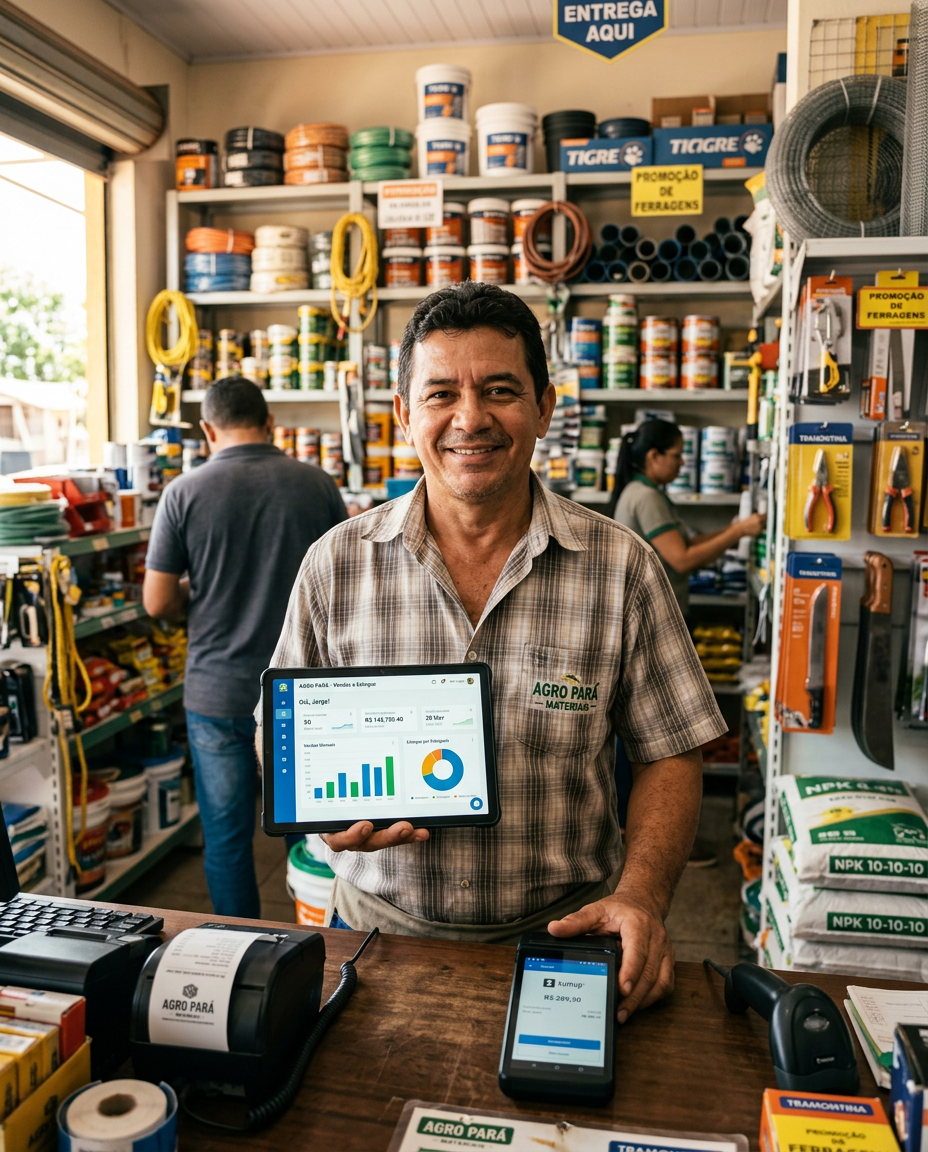 Empresário local no balcão da loja usando o Ergon-ERP no tablet, com maquininha Smart POS ao lado
