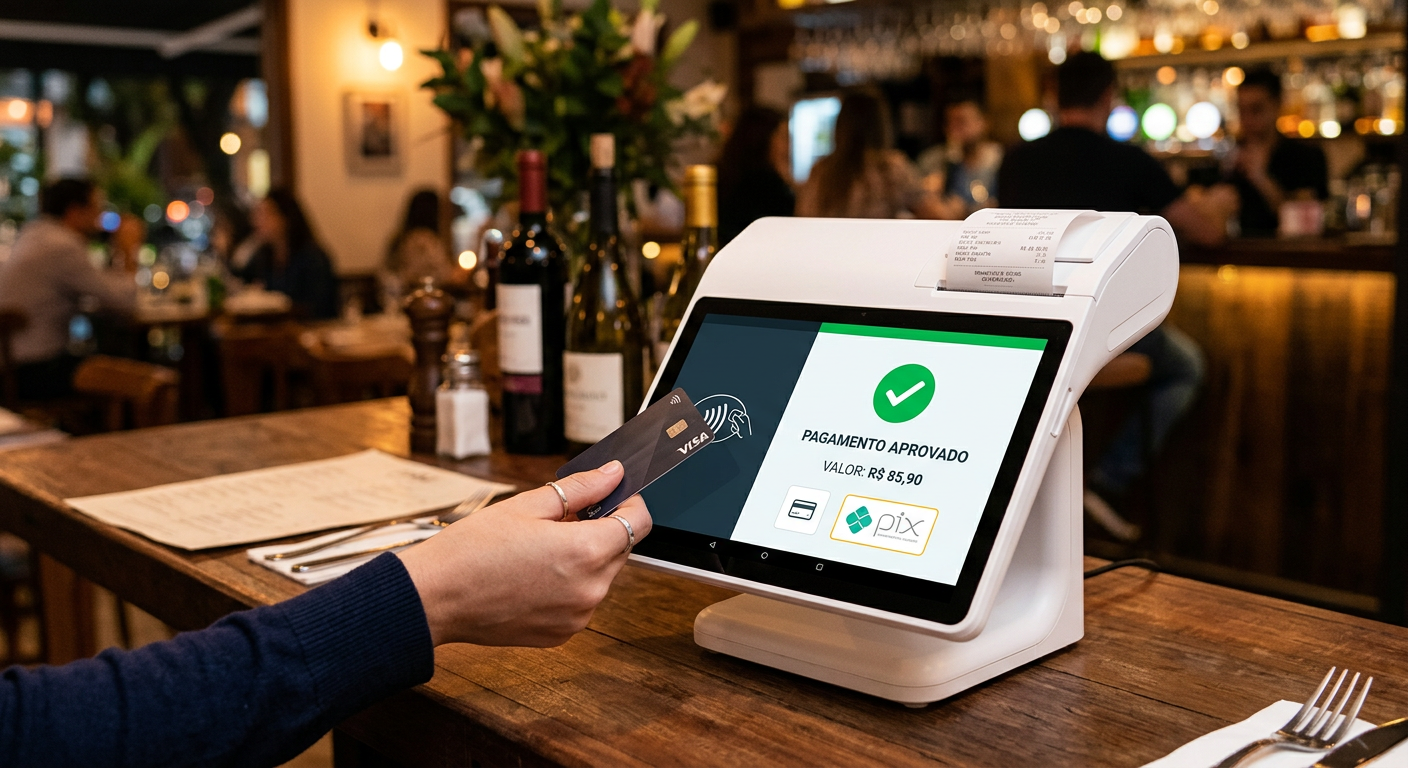 Smart POS no balcão de restaurante aprovando pagamento por aproximação